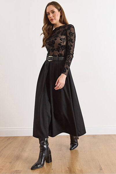 Olalook Women's Black Belted Zippered Maxi Pleated Skirt Etk-19000377