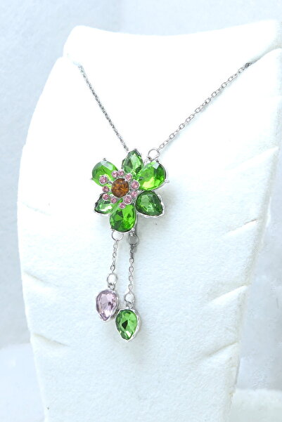 DEARWİSH Silver Color Chain Special Day Green Stone Flower Model 316L Steel N...