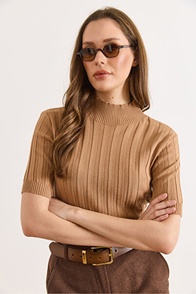 Olalook Γυναικεία μπλούζα πλεκτή με κοντό μανίκι ψηλός λαιμός χοντρό κοτλέ BL...