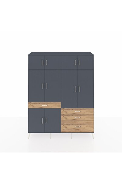 Dienni Hyperion Gardrop 5 Raflı 4 Çekmeceli 2 Askılı 176x44x221 Antrasit-Antr...