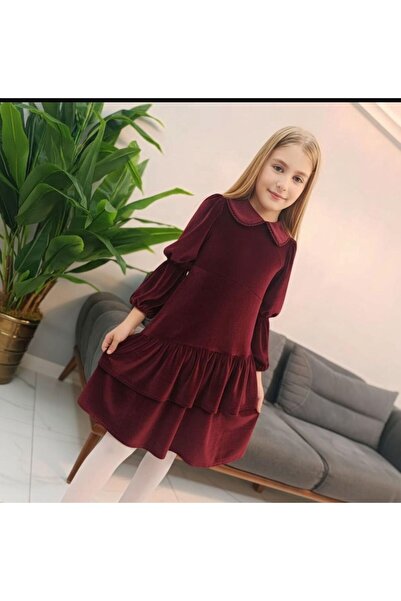 valery kids فستان فاليري للفتيات ياقة دائرية مخملي باللون العنابي