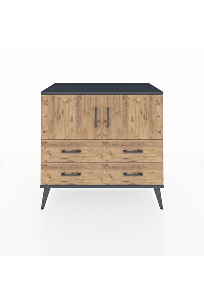 Dienni Hyperion Şifonyer 2 Raflı 4 Çekmeceli 2 Kapaklı 88x44x80 Antrasit-Çam