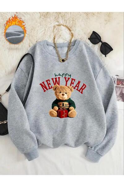 Oceanwear Happy New Year Bear Printed New Year Crew Neck Plain Unisex Sweatshirt