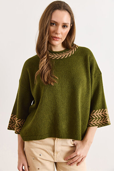 Olalook Women's Khaki Cuff Sleeve Detailed Three Quarter Knit Sweater Kzk-19000975