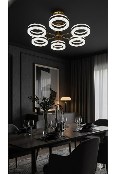 AKARSU AVİZE Modern 6 Kol Halka Gold Kaplama 3 Renk Power Ledli Salon Mutfak ...