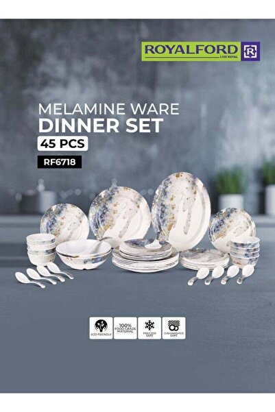 ROYALFORD طقم عشاء من 45 قطعة من أواني الميلامين باللونين الأبيض والأزرق