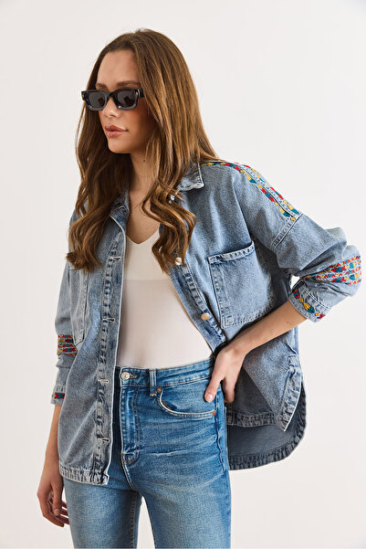 Olalook Kadın Mavi Nakış Detaylı Kalın Denim Ceket CKT-19000501