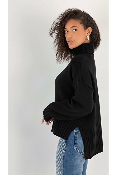 Miss Poem Women's Short Cut High Neck Black Knit Sweater