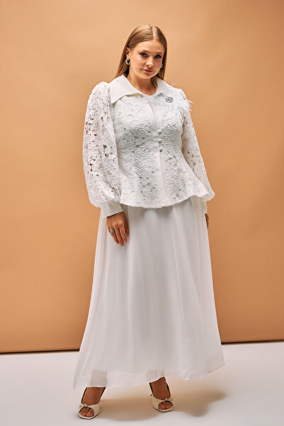 İnce Broş detaylı Dantel Gömlek Şifon Elbise Büyük Beden Takım