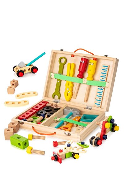 Generic Mixed Wooden Tool Set for Kids with Toolbox and DIY Stickers - Montessori Construction Toy for Ages