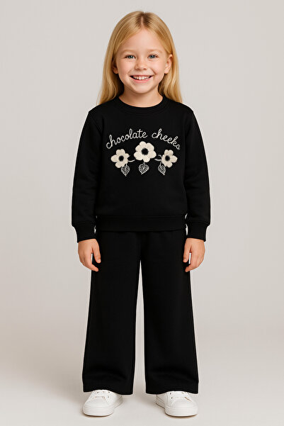 zepkids طقم رياضي للفتيات ذو ياقة دائرية مع تطريز زهرة الأقحوان باللون الأسود
