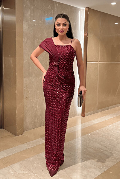 giyimmasalı Sequin Fabric Shawl Detailed Evening Dress - Bordo
