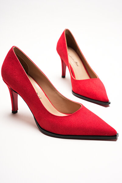 Ayakkabı Ateşi Дамски червени суедни обувки с остри върхове, тънка подметка и...