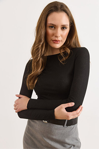 Olalook Women's Black Corded Fabric Crew Neck See-Through Blouse Blz-19003187