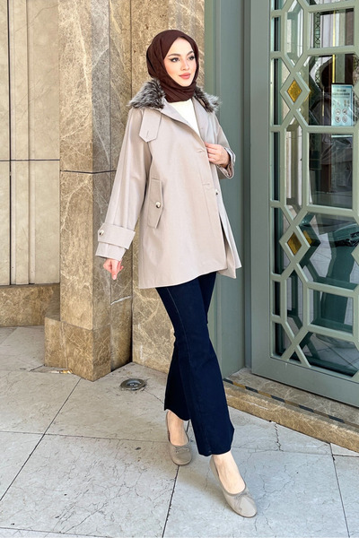 Ovn. Avenue Seyyar Kürklü Kısa Trençkot - Bej