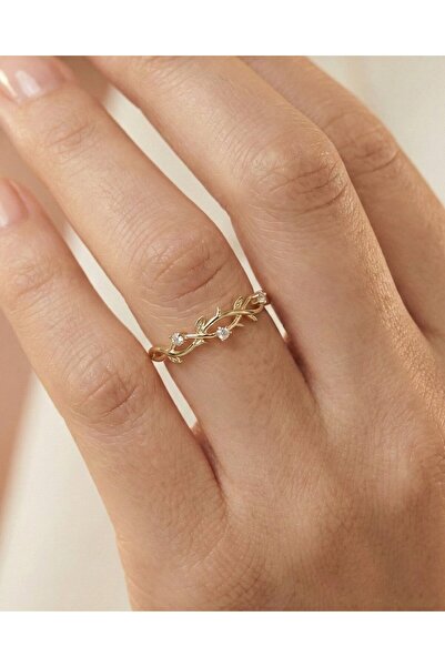 İNDİGO TAKI Zarif Gül Dalı 14 Ayar Altın Yüzük