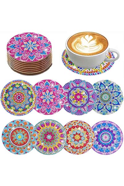 Choice طقم قواعد أكواب خشبية بيضاء مكون من 8 قطع، مقاس 10x10، مزينة برسومات م...