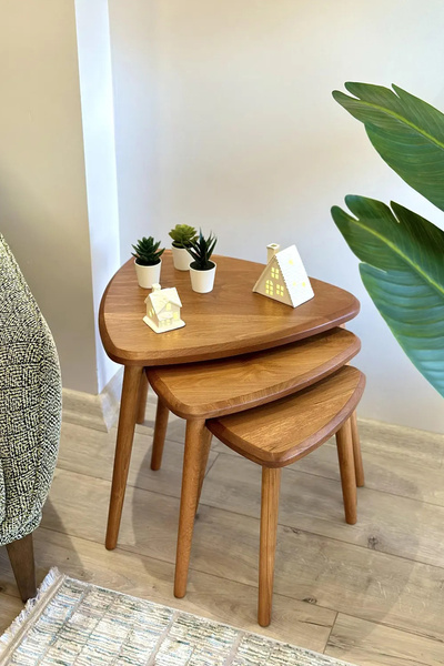 Fawdecor Modern El Yapımı Masif Ahşap Üçgen 3'lü Zigon / Yan Sehpa Seti