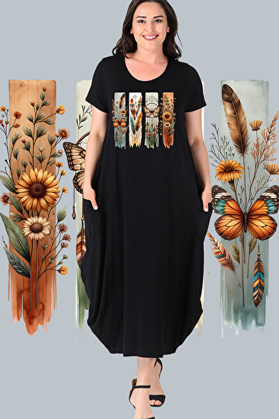 Curvy Trend Rochie Jumbo cu mânecă scurtă cu imprimeu boem cu fluturi de mări...