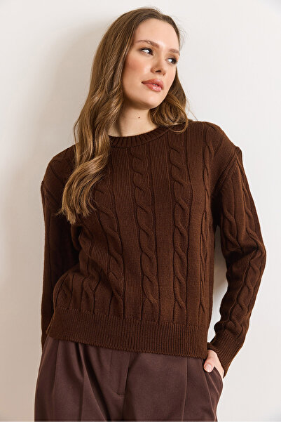 Olalook Women's Bitter Brown Crew Neck Hair Braided Knitwear Sweater Kzk-19001098