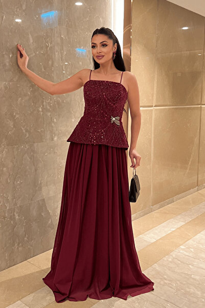 giyimmasalı Top Beaded Fabric Bottom Chiffon Designer Dress - Bordo