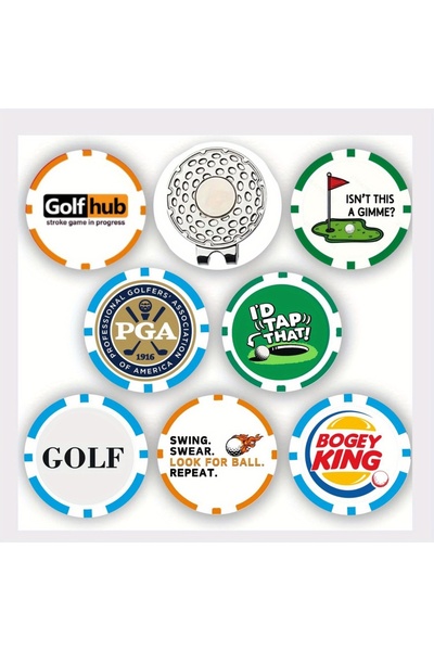 Choice مجموعة من 7 علامات كرات غولف PGA مع مشبك مغناطيسي للقبعة - علامات غولف بوكر ABS لقبعة الغولف، مثقبة