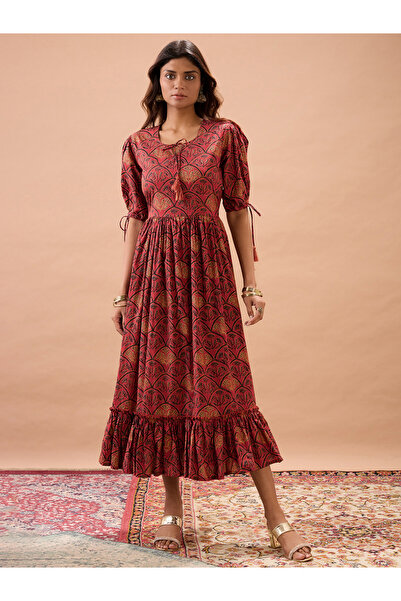Globus By Styli Puff Sleeves Ethnic Print A-Line Midi Dress