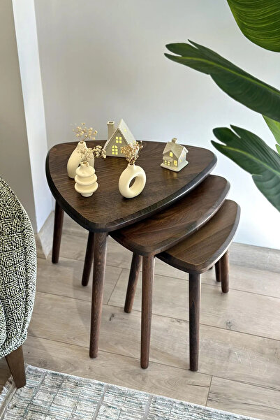 Fawdecor Modern El Yapımı Masif Ahşap Üçgen 3'lü Zigon / Yan Sehpa Seti