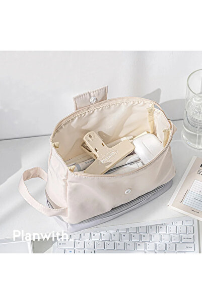 Choice مقلمة بيضاء بسيطة ذات طبقتين، قابلة للطي، حقيبة أقلام كبيرة السعة، أدو...