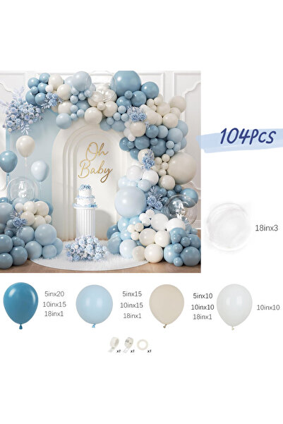 Choice طقم قوس بالونات أزرق ترابي مكون من 104 قطعة (BL50717-104 قطعة) مع بالونات شفافة بألوان الباستيل الأزرق والأبيض.