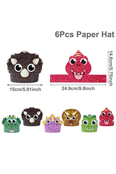 Choice ٦ قطع من قبعات ورقية مزينة لحفلات أعياد ميلاد الأطفال، بتصميم ديناصورا...