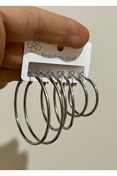 MODAMİRA AKSESUAR مجموعة أقراط دائرية من الفولاذ |   لون فضي