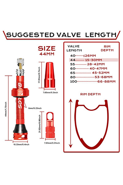 BUCKLOS صمام دراجة هوائية بدون أنبوب داخلي أحمر-44 مم، مقاسات 40/44/55/60/65/80/100 مم، صمام هواء بريستا بدون أنبوب داخلي، مصنوع من الألومنيوم.