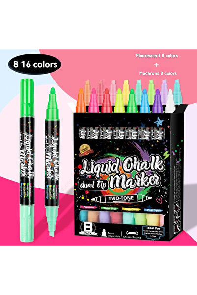 Choice ٨ قطع - ١٦ لونًا من الطباشير السائل القابل للغسل والمسح بالماء، عبوة من ٨ قطع، رأس مزدوج، ألوان زاهية، طباشير سائل