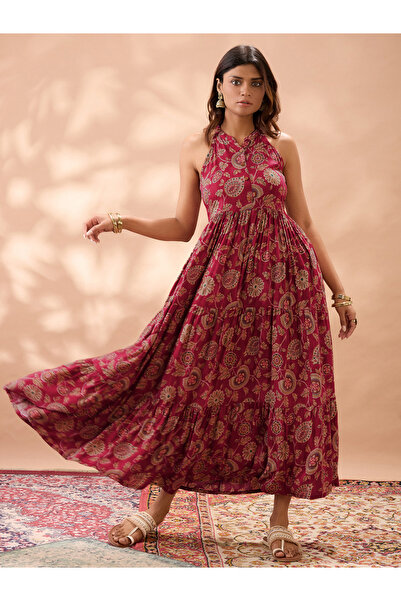 Globus By Styli Halter Neck Floral Print Maxi Fusion Dress