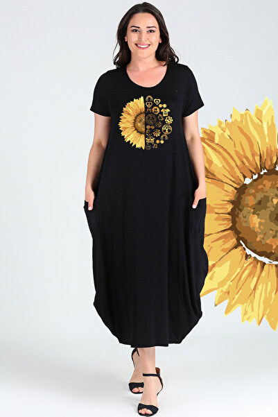 Curvy Trend Κοντομάνικο φόρεμα με στάμπα Sun Flower μεγάλου μεγέθους