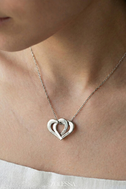 ZOLESSA Kadın Kişiye Özel İç İçe Geçen Çift Kalpli 2 İsimli Kolye Kararmaz 92...