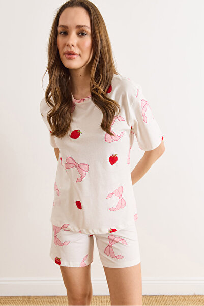 Olalook Women's White Strawberry 100% Cotton Shorts Pajama Set Pjm-00000027