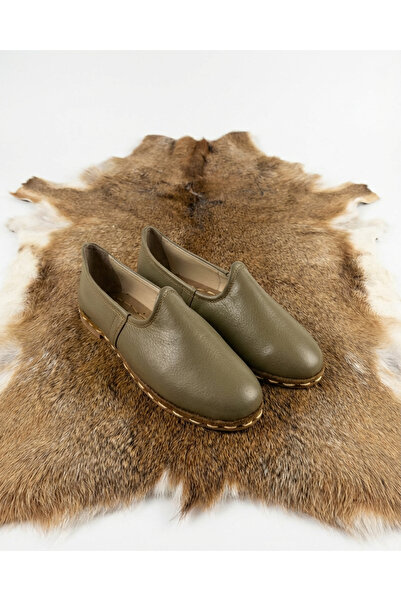 Taşhan Çarşı Hakiki Manda Derisi El Yapımı Yemeni - Haki Yeşil Klasik Dikişli...