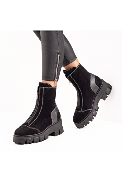 Modlet.ro Women's black suede genuine leather boots with zipper MOD06567