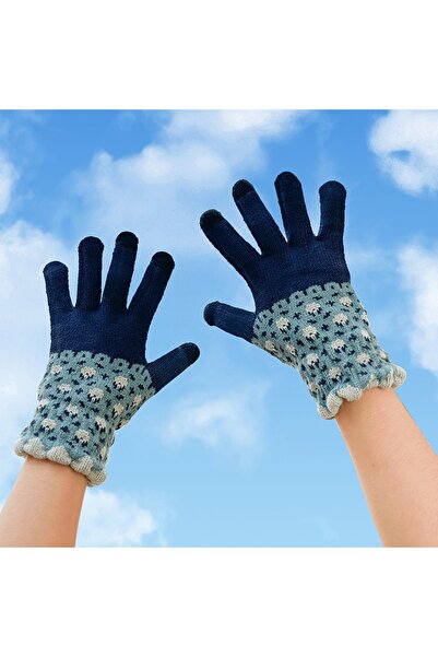 Choice قفازات موحدة اللون باللون الأزرق الداكن بنقشة عباد الشمس، دافئة وجذابة...