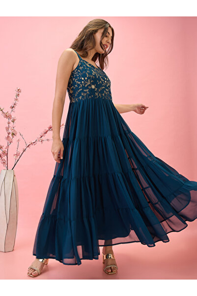 Globus By Styli Sequined Floral Embroidered Georgette Maxi Dress