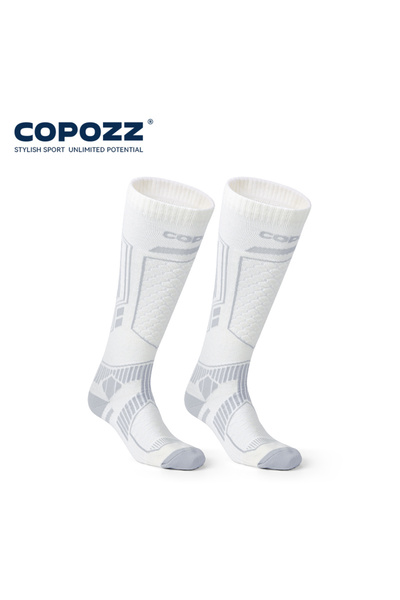 Choice جوارب تزلج شتوية من صوف ميرينو من كوبوز، باللونين الأبيض والرمادي، مقاس 43-46، للرجال والنساء، جوارب تزلج حرارية تصل إلى الركبة، دافئة