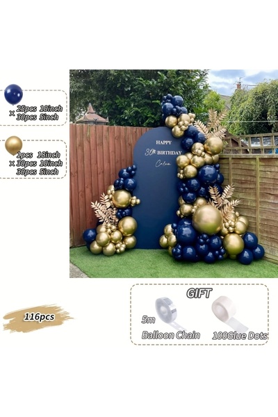 Choice كما هو موضح، طقم قوس بالونات لاتكس معدني ذهبي وأزرق داكن مكون من 116 ق...