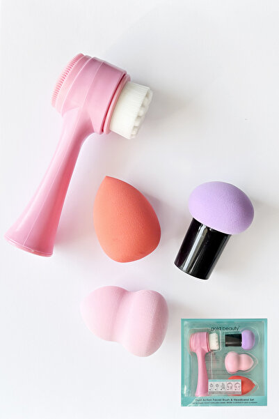 Gold Beauty Yüz Temizleme Fırçası ve Makyaj Sünger Seti 4'lü Set