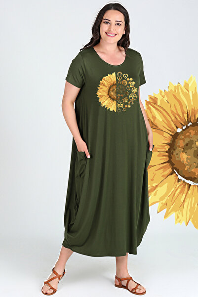 Curvy Trend Rochie Jumbo cu mânecă scurtă cu imprimeu cu flori de soare