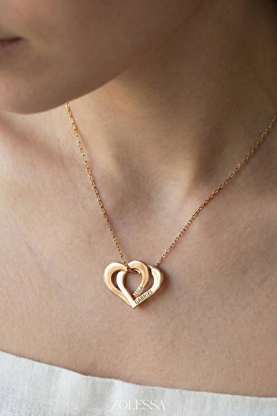 ZOLESSA Kadın Kişiye Özel İç İçe Geçen Çift Kalpli 2 İsimli Kolye Rose Altın ...