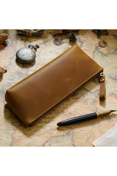 Choice حافظة أقلام رصاص بسحاب من الجلد الطبيعي البني، مناسبة للدفاتر والمذكرا...