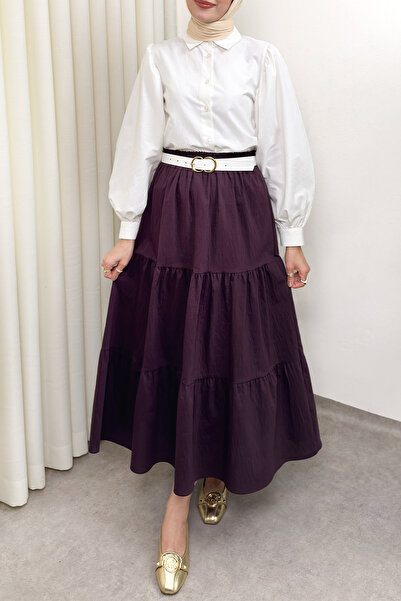 Salih Çelebi Parachute Fabric Layered Skirt 0052 - Mürdüm