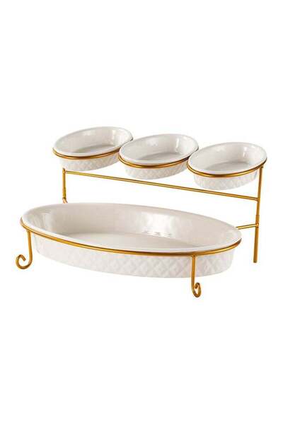 Generic Shallow Porcelain 2-Tier Oval Serving Set - Gold Stand Rack - 3x 20cm and 1x 40cm